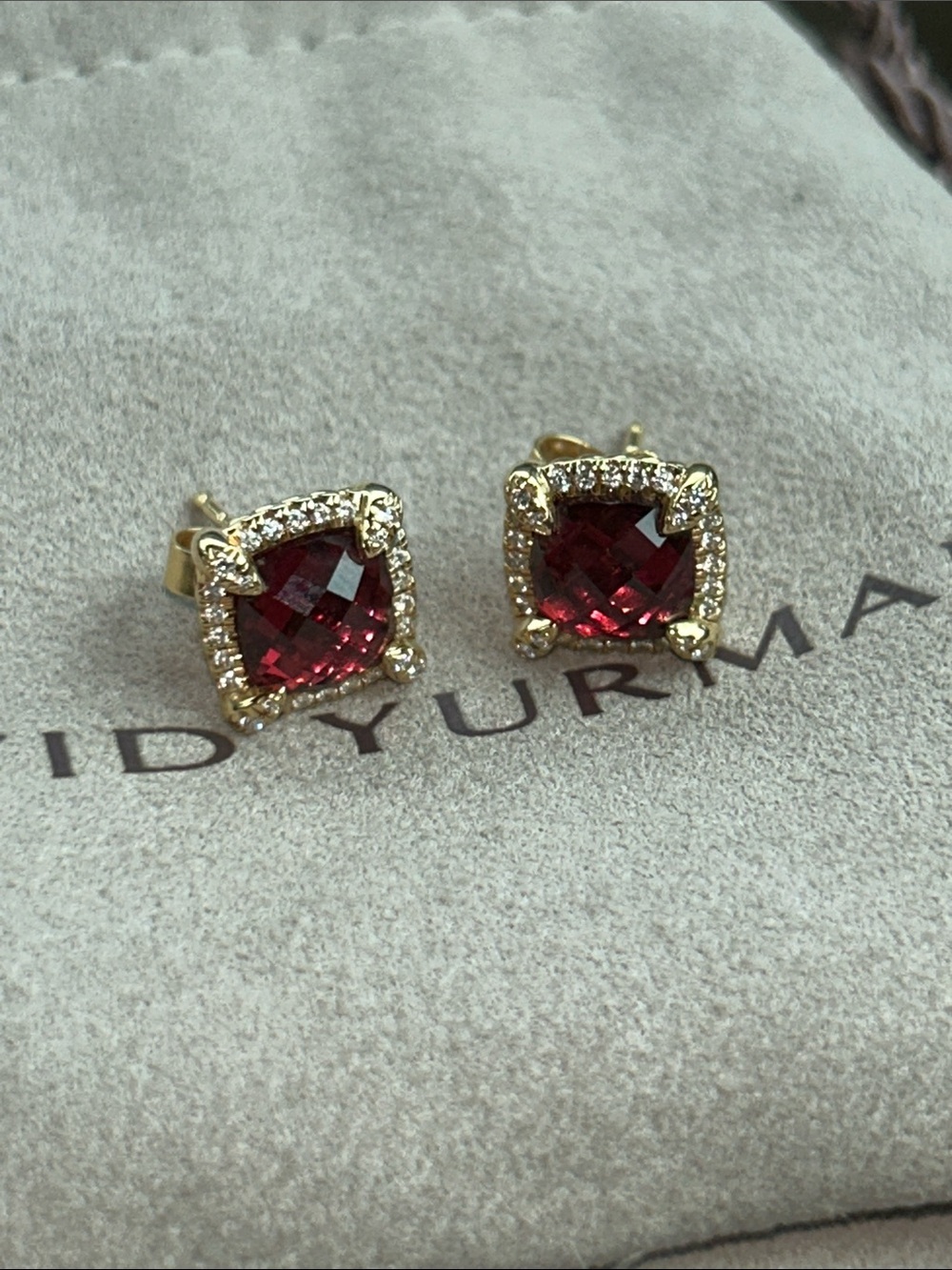 David Yurman Garnet Cushion Halo Stud Earrings in Yellow Gold